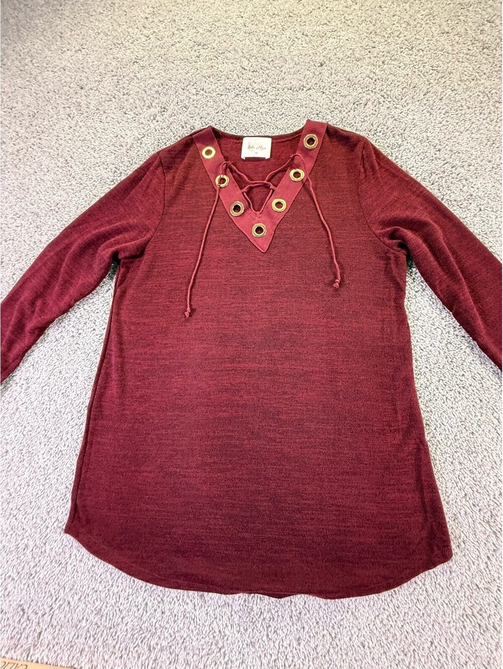Ella Mara Women’s Top Boho Size Medium Burgundy Lace Up Long Sleeve NWOT
